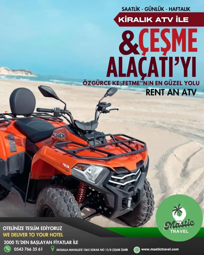 🏖️ Çeşme ve Alaçatı’yı keşfetmenin en keyifli yolu! 🏍️ Kiralık ATV ile özgürlüğün tadını çıkar! 📍Saatlik, günlük, haftalık seçeneklerle 🚚 Otelinize teslim imkanı 💸 2000 TL’den başlayan fiyatlar #ÇeşmeATV #AlaçatıTuru #ATVRent #ÇeşmeKeşfi #MasticTravel #Yaz2025 #ATVMacerası #ÇeşmeTatili